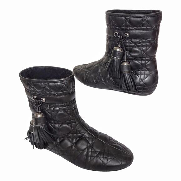 DIOR Quilted Black Leather Ankle Boots Size 39 Moto Luxury Tassels US Size 8.5 - Picture 1 of 8